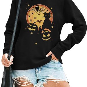 FRYAID Halloween Sweatshirt Women Pumpkin Tshirt, Black Cat Pullover Blouse Fall Long Sleeve Shirt