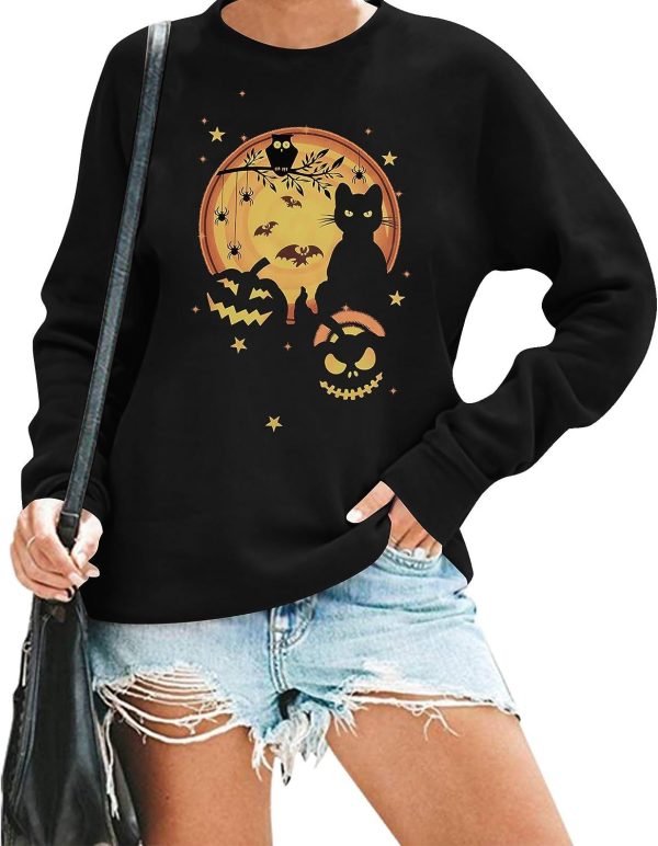 FRYAID Halloween Sweatshirt Women Pumpkin Tshirt, Black Cat Pullover Blouse Fall Long Sleeve Shirt