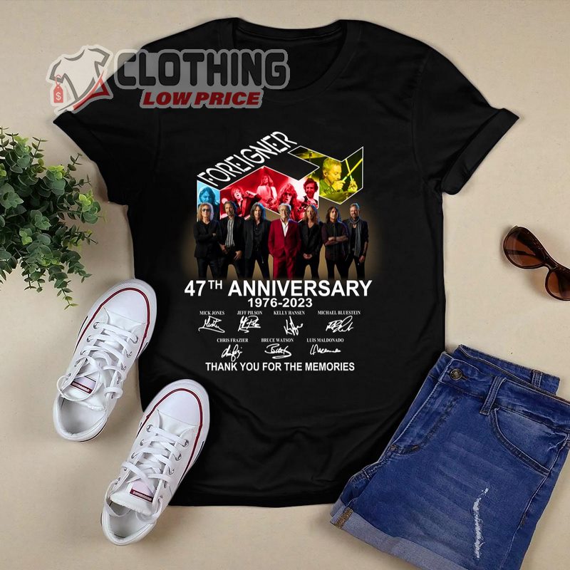 Foreigner Band Concert 2023 Setlist T- Shirt, Foreigner 47th Years Anniversary 1976 - 2023 Signatures Thank-you For The Memories Shirt, Foreigner Tour 2023 Merch