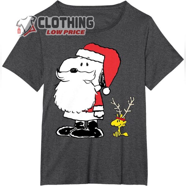 Holiday Snoopy Woodstock Antlers Santa Short Sleeve T-Shirt, Peanuts Snoopy Santa Claus Woodstock Chritmas Tee