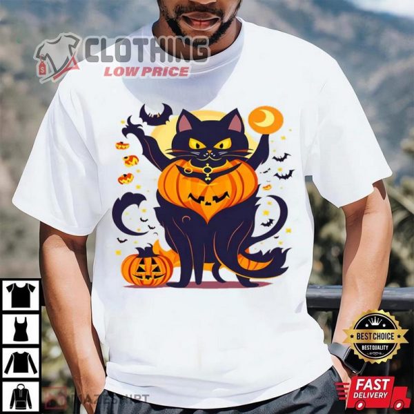 Halloween Cat T Shirt Scary Cat Halloween Shirt Pumkin Shirt Halloween 2023 Trends Merch Black Cat Halloween Decor Shirt