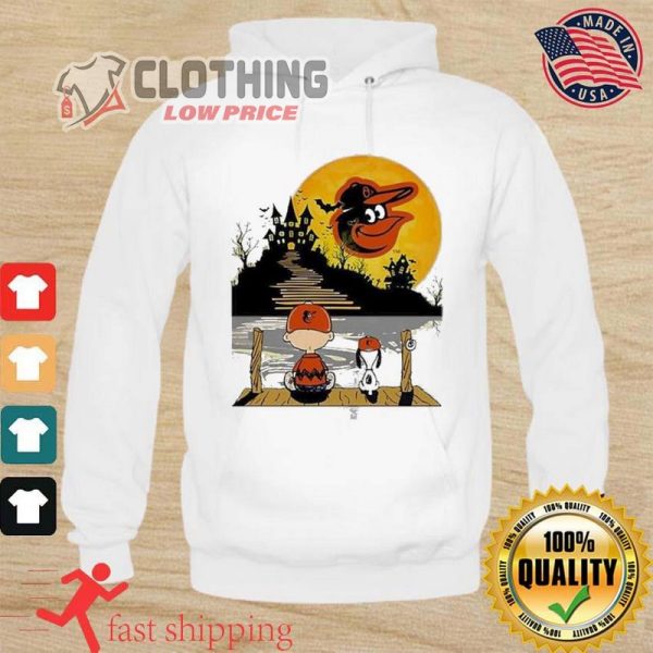 Halloween Costume Trends 2023 Sweateshirt, Peanuts Snoopy Charlie Brown Baltimore Orioles Sitting Under Moon Halloween Hoodie, Best Snoopy Halloween Ideas Merch