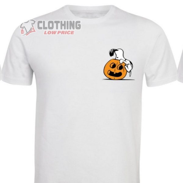 Halloween Pumpkin Snoopy Merch, Small Snoopy Image Halloween Print In Left T-Shirt