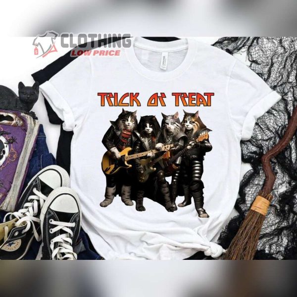 Kiss Band Black Cat Trick Or Treat T-Shirt, Funny Halloween Cat Shirt, Cat Lover Shirt, Spooky Season Halloween Gift Shirt, Halloween Tees, Cat Shirt