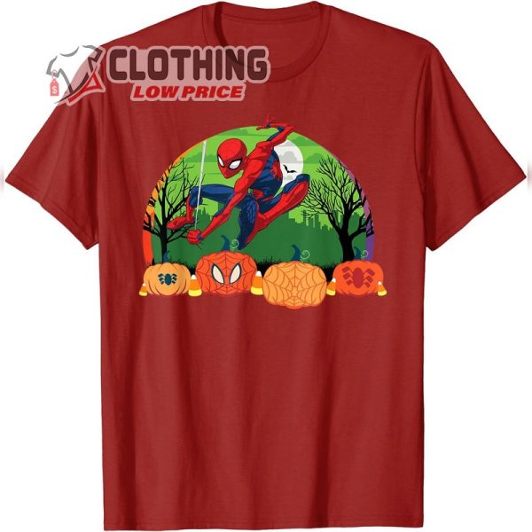 Marvel Spider-Man Spooky Halloween Night with Pumpkins T-Shirt, Spider-Man Batman Scary Pumpkin Halloween Shirt