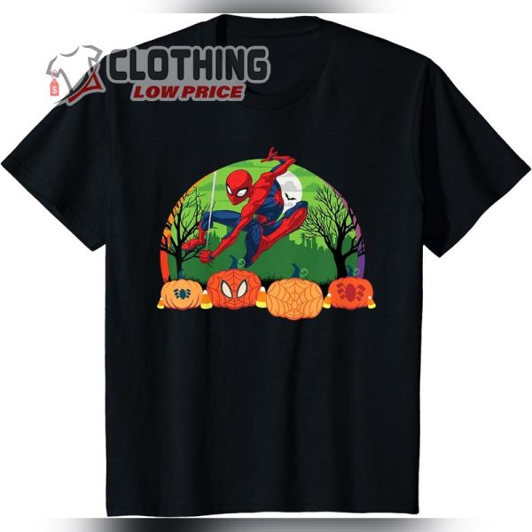 Marvel Spider-Man Spooky Halloween Night with Pumpkins T-Shirt, Spider-Man Batman Scary Pumpkin Halloween Shirt