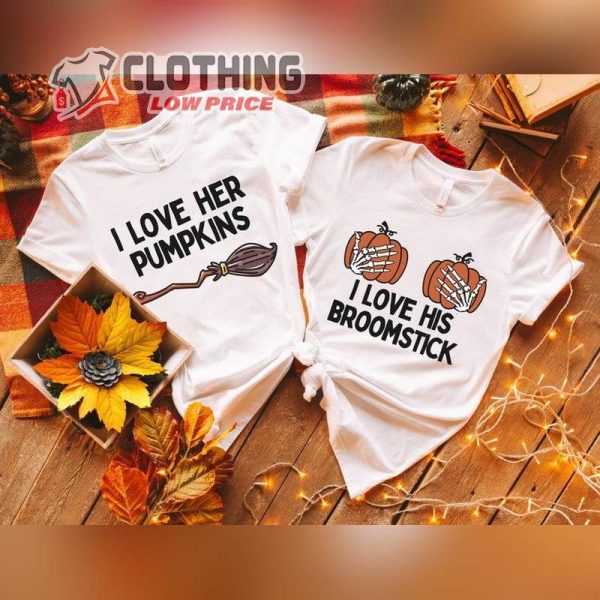 Matching Halloween Couple Shirts, Funny Couple Pumpkin Skeleton I love Broomstick Halloween T-Shirt, Spooky Season I Love Her Pumpkins