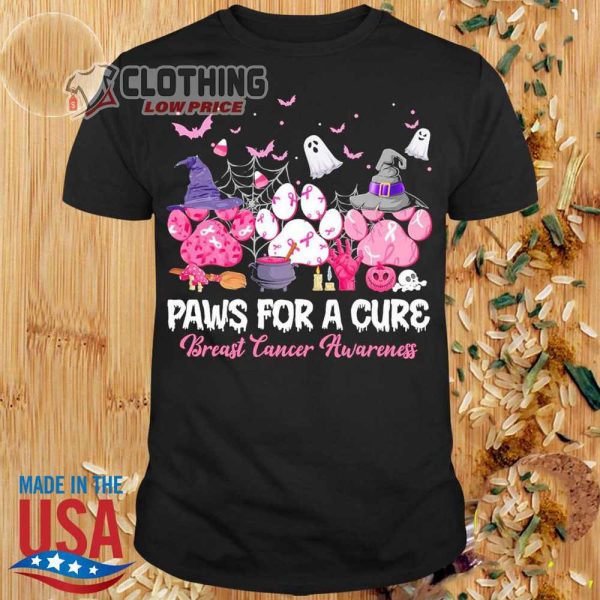 Paws For A Cure Breast Cancer Awareness Halloween Merch Halloween Breast Cancer T Shirt