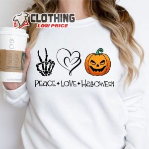 Peace Love Halloween T-Shirt, Pumpkin Skeleton Qutes Halloween Sweater