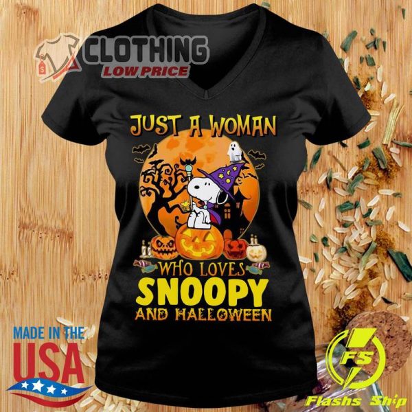 Peanuts Halloween 2023 Snoopy In Skeleton Costume Shirt, Official Just A Woman Who Loves Snoopy And Halloween Shirt, Halloween 2023 Trends Merch