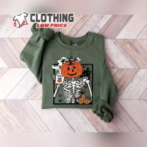 Pumpkin Skeleton Drinking Coffee Shirt, Skeleton Coffee Lover Shirts, Enjoy Pumpkin Coffee Sweatshirt
