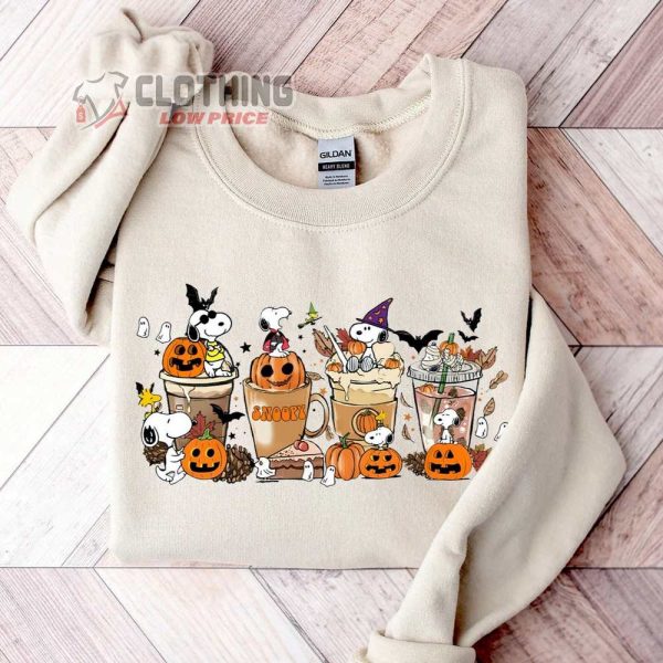 Snoopy Peanuts Halloween Sweatshirt, Snoopy Pumpkin In Cup Of Tea, Snoopy Boo And Bats Halloween Long Sleeve