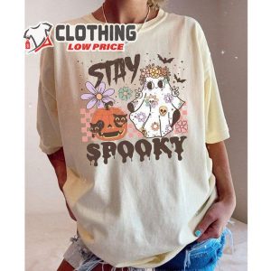 Stay Spooky Cute Ghost Pumpkin Flower T-Shirt, Spooky Vibe Batman Halloween T-Shirt, Smiley Spooky Shirt