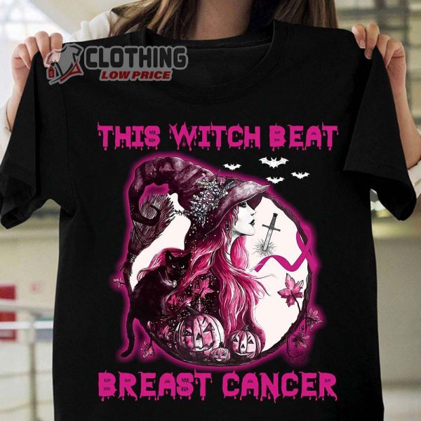 This Witch Beat Breast Cancer Merch, Halloween Scary Witch Shirt, Pumpkins This Witch Halloween Tee, Breast Cancer Awareness Halloween T-Shirt