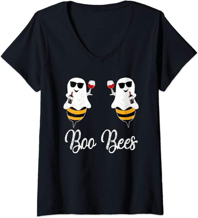 Womens Boo Bees Couples Halloween Shirt Wine Drinking Women Party V Neck T Shirt amazon
