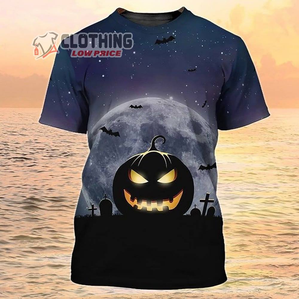 Creepy Pumpkin At Halloween Night 3D All Over Printed Tee Shirts