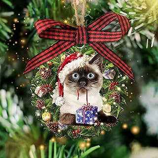 Talataca Siamese Cat Ornament Wearing Christmas Hat with Wreath 2D Flat Christmas Tree Wood Ornament Decor
