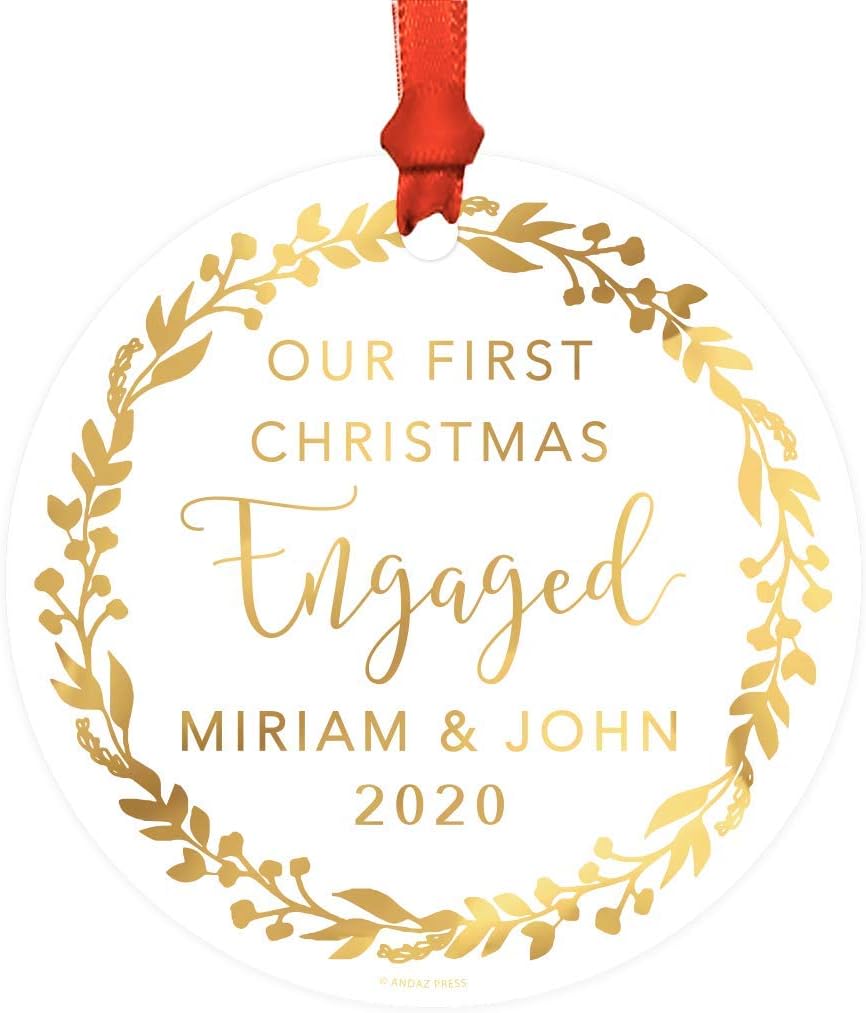Andaz Press Personalized Wedding Engagement Round Metal Christmas Ornament amazon