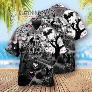 Black Cat Halloween Hawaiian Shirt, Halloween Killer Shirt, Soft Hawaii Shirt, 3D Hawaiian Aloha Shirt, Horror Movies, Skull Halloween, Hallween Gift