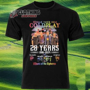 Coldplay World Tour 2024 Merch, Coldplay 28 Years 1996-2024 Music Of The Spheres Signatures T-Shirt