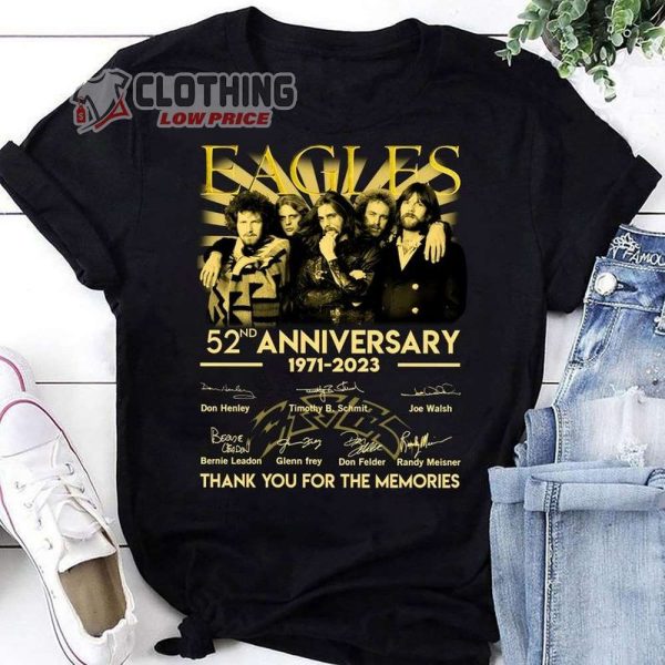 Eagles 52nd Anniversary 1971-2023 Signatures Black Unisex T-Shirt, Eagles Band Graphic Tee Shirt Fan Gift, Eagles Final Tour 2023 Shirts, Eagles Band Vintage Merch