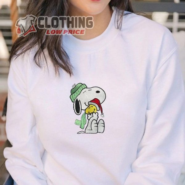 Embroidered Sno.Opy Christmas Gratitude Crewneck Sweatshirt, Sno.Opy And Woodstock Christmas Embroidered Crewneck Sweater