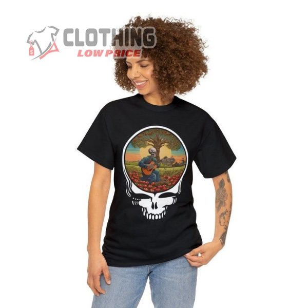 Grateful Dead Fall Themed Shady Grove T-Shirt   Grateful Dead T-Shirt With Skeleton Playing Guitar Under An Apple Tree   Grateful Dead