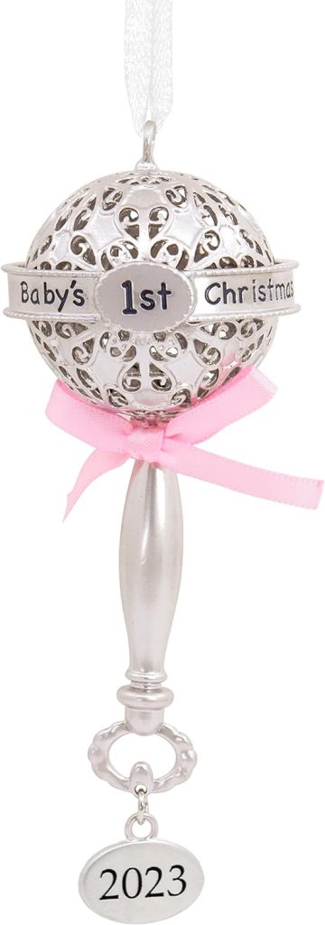 Hallmark Babys First Christmas Silver Baby Rattle with Pink Ribbon 2023 Christmas Ornament amazon