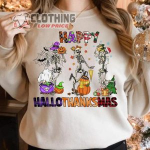 Hallothanksmas Dancing Skeleton Shirt, Happy Hallothanksmas Skeleton Sweatshirt, Hallowthanksmas Sweatshirts
