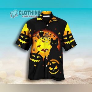 Halloween Black Cat And Pumpkin Shirt, Pumpkin Hawaiian Shirt, Black Cat Pumpkin Hawaiian Shirt, Funny Halloween Shirt, Halloween Gift