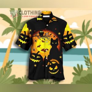 Halloween Black Cat And Pumpkin Shirt, Pumpkin Hawaiian Shirt, Black Cat Pumpkin Hawaiian Shirt, Funny Halloween Shirt, Halloween Gift