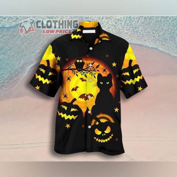 Halloween Black Cat And Pumpkin Shirt, Pumpkin Hawaiian Shirt, Black Cat Pumpkin Hawaiian Shirt, Funny Halloween Shirt, Halloween Gift