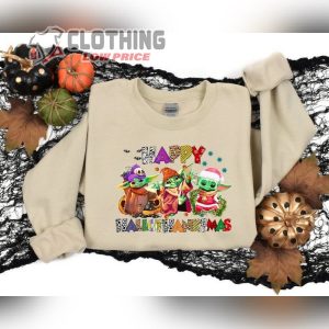 Halloween Thanksgiving Christmas Baby Yoda Shirt, Happy Hallothanksmas Sweatshirts, Funny Halloween Shirt, Holiday Season Gift