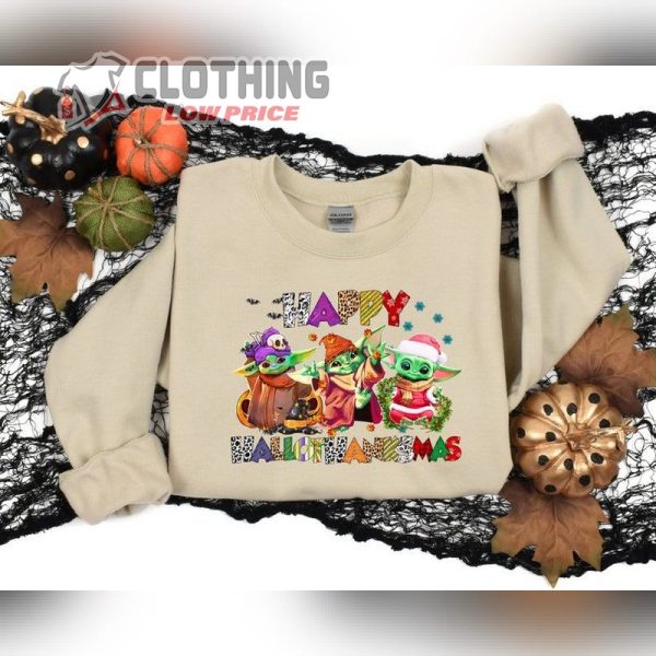 Halloween Thanksgiving Christmas Baby Yoda Shirt Happy Hallothanksmas Sweatshirts Funny Halloween Shirt Holiday Season Gift 1