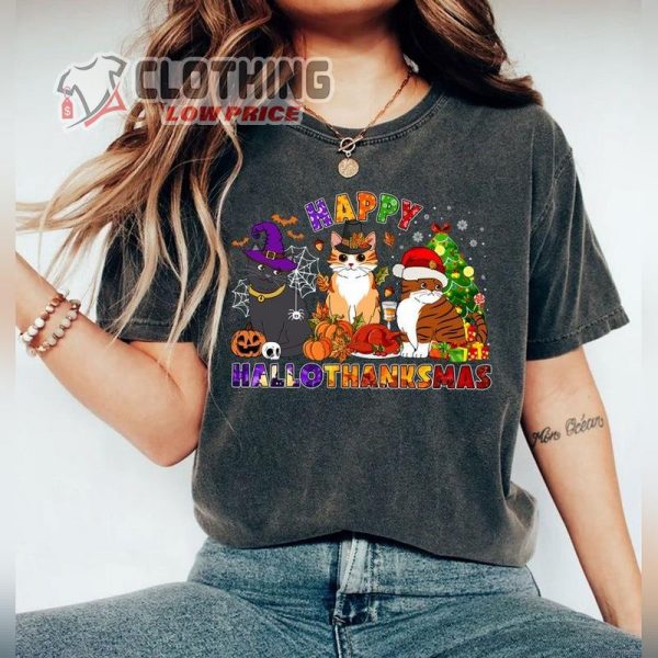 Happy Hallothanksmas Cats Shirt, Hallothanksmas Shirt, Christmas Shirt, Thanksgiving Shirt, Holiday Season Gift