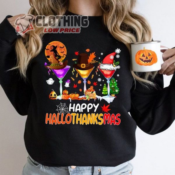 Happy Hallothanksmas Cocktail Glass Shirt, Wine Glass Thanksgiving Shirt, Wine Glass Halloween Sweateshirt, Holiday Season Gift