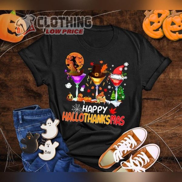 Happy Hallothanksmas Cocktail Glass Shirt, Wine Glass Thanksgiving Shirt, Wine Glass Halloween Sweateshirt, Holiday Season Gift