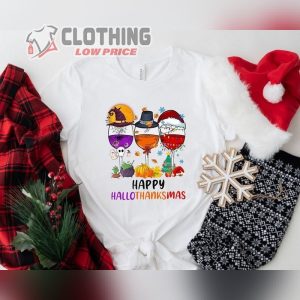 Happy Hallothanksmas Wine Shirt Cute Drinking T Shirt Funny Festival Tee Christmas Shirt Thanksgiving Tee Halloween Shirt Holiday Gifts 1