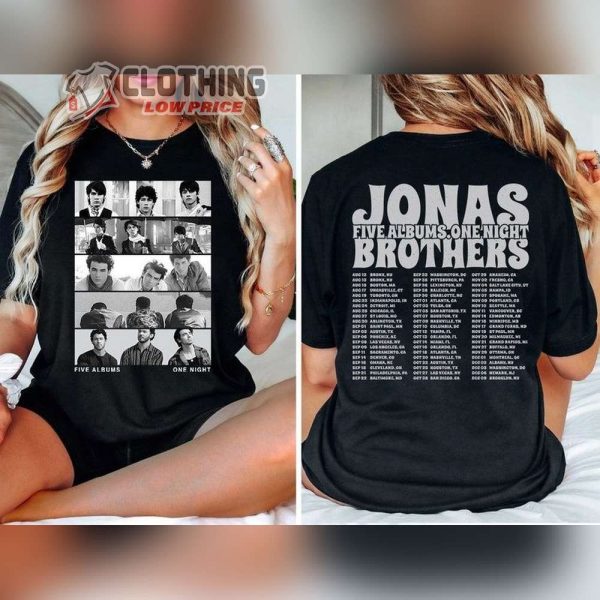 Jonas Brothers Setlist Tour 2023 Double Sided T-Shirt, Jonas Five Albums One Night Tour Dates Shirt, Jonas Brothers 2023 Tour Playlist Shirt