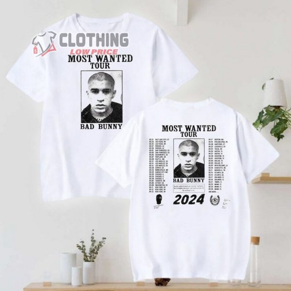 Most Wanted Tour 2024 Merch, 2024 Bad Bunny Album Shirt, Bad Bunny Tour Dates Tickets 2024 Tee, Bad Bunny Album T-Shirt