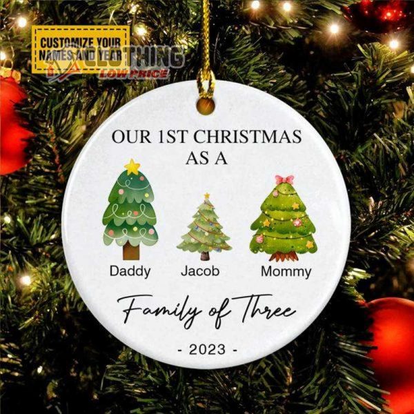 Personalised Family Of Three 2023 Ornament, Our 1st Christmas As A Family Of Three Circle Ceramic Ornament