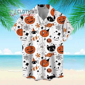 Pumpkin Halloween Hawaiian Shirt, Spooky Pumpkin Halloween Shirt, 3D Hawaiian Aloha Shirt, Black Cat, Summer Beach Shirt, Halloween Gift