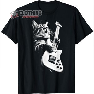 Rock Cat Playing Guitar Shirt, Funny Guitar Cat T-Shirt, Trending Cat Tee, Cat Lover Tee Gift