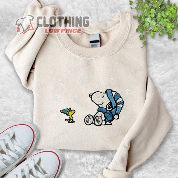 Snoopy And Woodstock Christmas Embroidered Sweatshirt, Christmas Cartoon Dog Sweatshirt