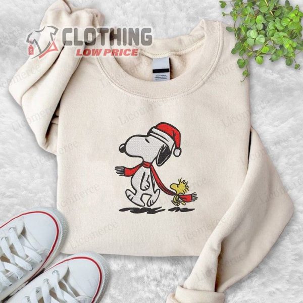 Snoopy Christmas Embroidered Sweatshirt- T-Shirt- Hoodie, Snoopy And Woodstock Crewneck, Christmas Cartoon Dog Sweatshirt