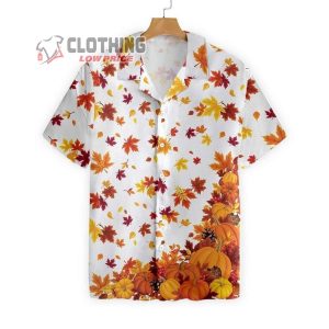 Thanksgiving Pumpkins And Autumn Leaves Hawaiian Shirt, Trending Pumpkin Tee, Fall Shirt, Thanksgiving Shirt, Beautiful Autumn, Thanksgiving Gift