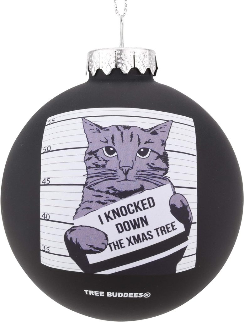 Tree Buddees Hilarious Cat Mugshot Knocked Down The Xmas Tree Funny Glass Christmas Ornament amazon