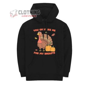 Turkey And Pumpkin At Thanksgiving 2023 Merch, Thanksgiving You Only Like Me For My Breasts T-Shirt, Hoodie And Sweater