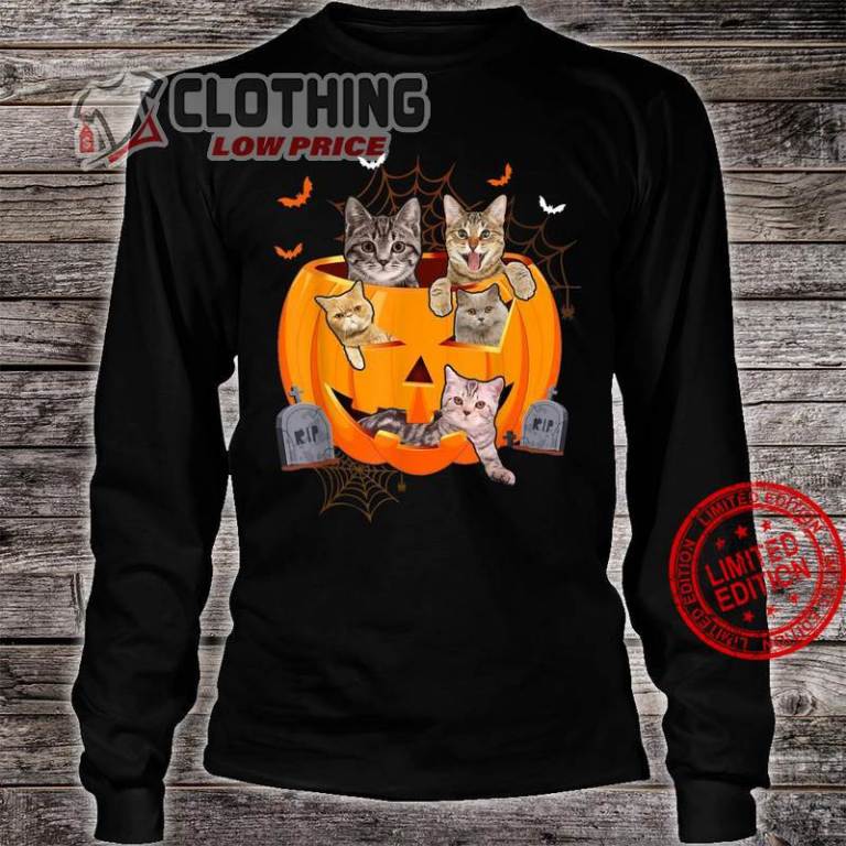 Funny Cats In Carved Pumpkin Matching Halloween Cat Shirt