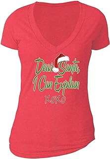 XtraFly Apparel Women's Dear Santa I Can Explain Ugly Christmas V-Neck Short Sleeve Flamingo Christmas Shirt